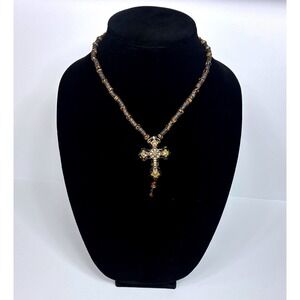 Vintage F.A.I.T.H. Signed Gothic Beaded Cross Necklace Rhinestone Pendant Alt